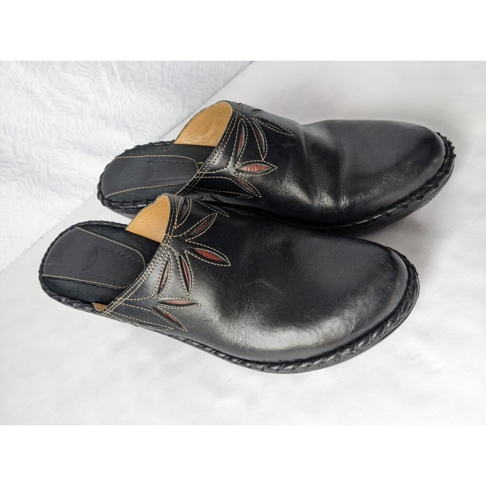 FRYE Leather Shoes Black Mule Clogs 3" Heel Charlotte Flower Size 8.5 M - Picture 3 of 14